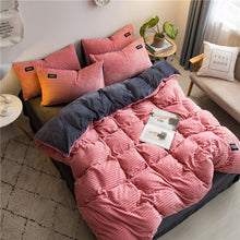 Load image into Gallery viewer, 2019 New magic velvet Fleece bedding set 4pcs/set stripe duvet cover flat sheet pillowcase AB side flannel winter warm bed linen